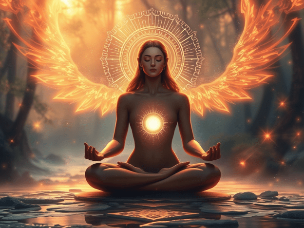 Figura angelical en posición de meditación con el centro resplandeciendo que ilustra el blog de Araceli López Echando un vistazo a la… SABIDURIA DE LA CHISPA DIVINA