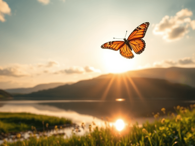 Mariposa sobrevolando un lago al atardecer que evoca el blog echando un vistazo... a yo soy la causa