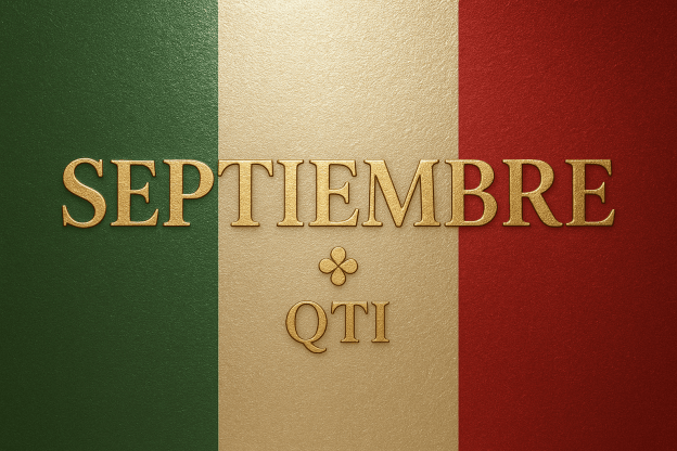 ortada calendario septiembre 2025 QTI con diseño metalizado en colores patrios verde, blanco y rojo, tipografía dorada elegante y estilo motivacional