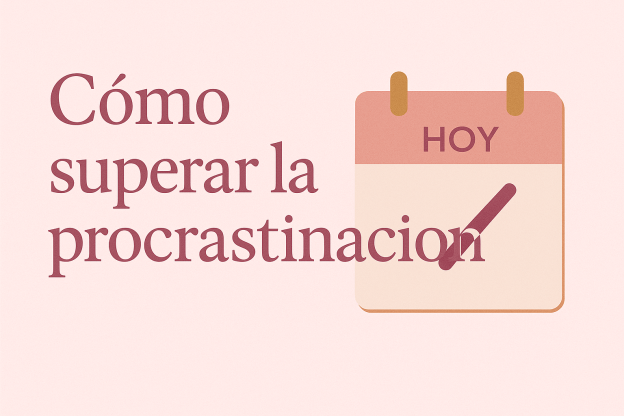 Portada como superar la procrastinación en fondo rosa y letras doradas.