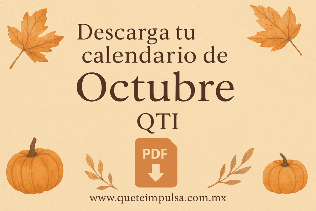 Descarga gratis calendario octubre 2025 en PDF imprimible con diseño otoñal de QTI, hojas secas y calabazas para organizar tus actividades.
