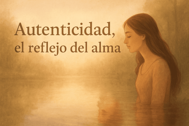 Ilustración de una mujer mirando su reflejo en el agua al amanecer, rodeada de un paisaje dorado y suave. Representa la autenticidad como reflejo del alma.