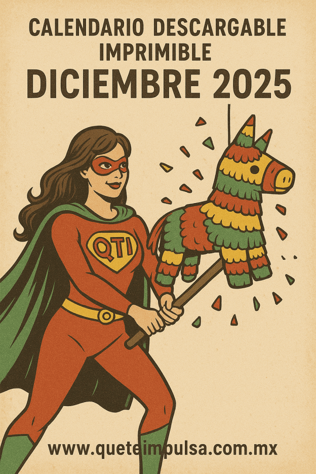 Ilustración vintage de la heroína Señorita Kiu-tina, con capa verde y traje rojo con el emblema QTI, golpeando una piñata de colores. Imagen promocional del calendario descargable e imprimible de diciembre 2025 de www.queteimpulsa.com.mx