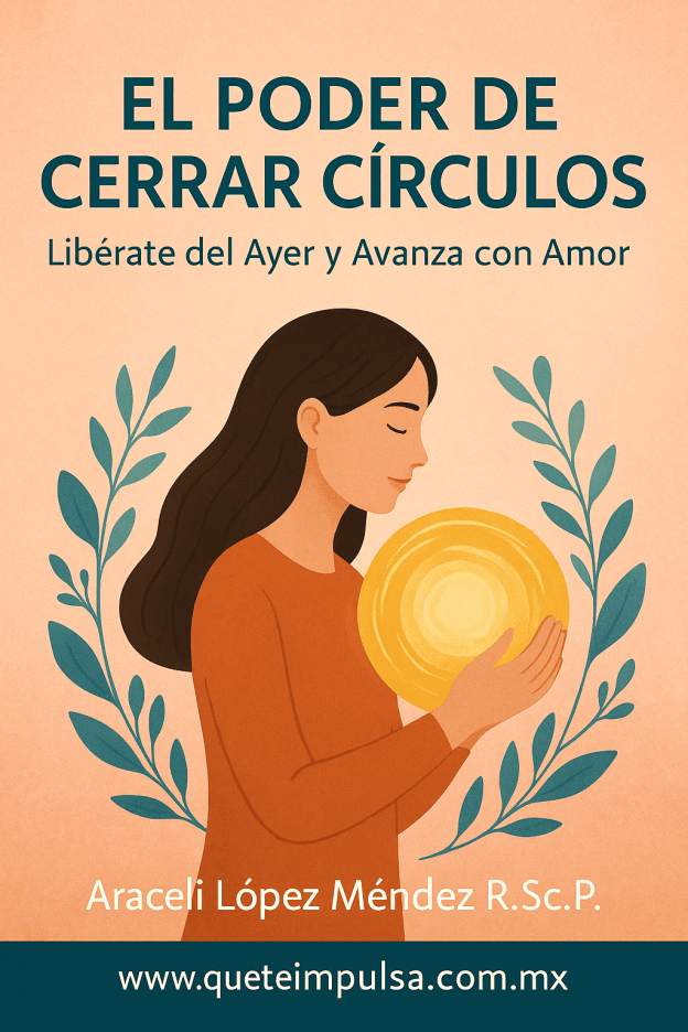 Ilustración de una mujer sosteniendo un círculo dorado que simboliza el acto de cerrar ciclos, acompañada del título “El poder de cerrar círculos”, el nombre de Araceli López Méndez R.Sc.P. y la dirección del sitio www.queteimpulsa.com.mx
