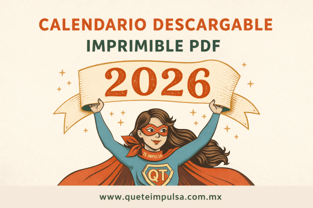Ilustración vintage de Señorita Kiu-tina, heroína de Que te impulsa, sosteniendo un banner con el año 2026 para el calendario descargable e imprimible en PDF de enero 2026, diseño inspirador para comenzar el año con energía renovada.