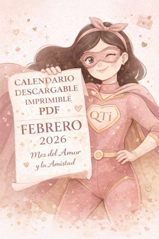 Ilustración de Señorita Kiu-tina, heroína vintage de QTI, presentando el calendario descargable de febrero 2026 en PDF, mes del amor y la amistad