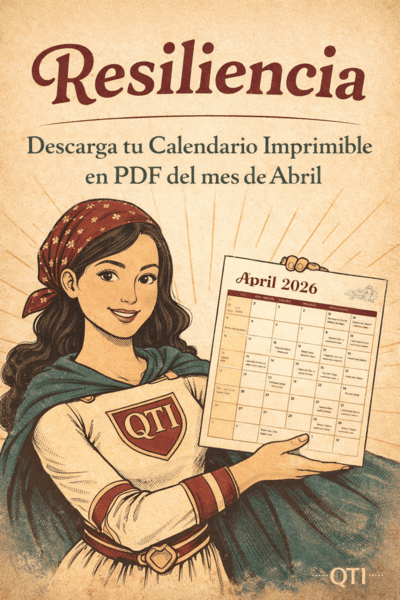 Ilustración estilo cómic vintage de Kiutina, una mujer con cabello largo y pañoleta borgoña, vestida con traje color crema, capa verde y emblema QTI en el pecho. Sostiene un calendario de abril 2026 mientras sonríe. El fondo es textura de papel envejecido con rayos tipo sunburst en tonos crema, borgoña y verde. En la parte superior se lee “Resiliencia” y debajo “Descarga tu Calendario Imprimible en PDF del mes de Abril”. En la esquina inferior aparece el sello QTI.