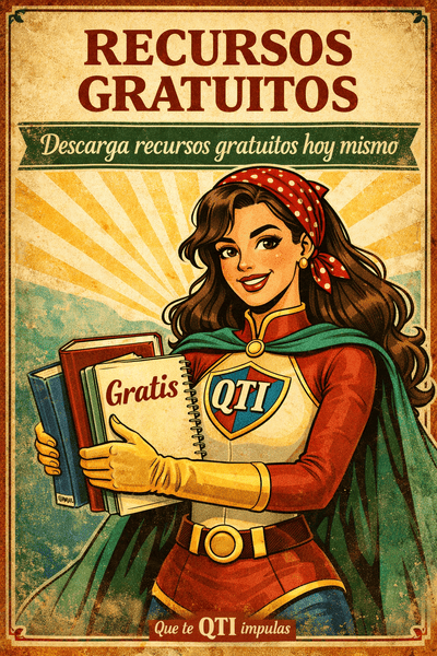 Señorita Kiu-tina superheroína vintage de QTI sosteniendo libros y recursos gratuitos descargables