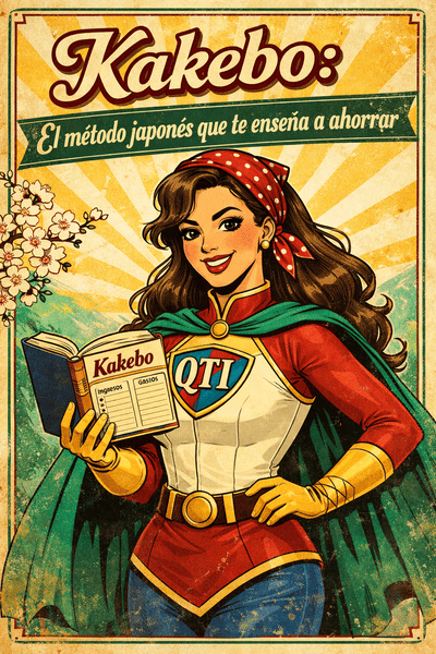 Señorita Kiu-tina superheroína vintage sosteniendo un libro Kakebo con el emblema QTI