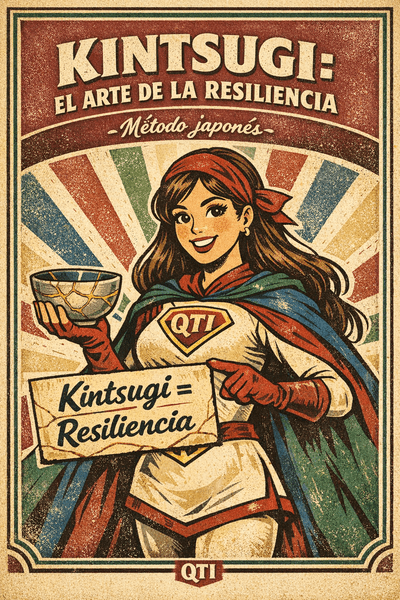 Ilustración vintage de Kiutina con traje crema, capa verde/azul y emblema QTI, sosteniendo un tazón kintsugi y señalando “Kintsugi = Resiliencia”. Fondo de papel envejecido con rayos retro. Título superior “Kintsugi: El arte de la resiliencia – Método japonés” y sello QTI abajo.