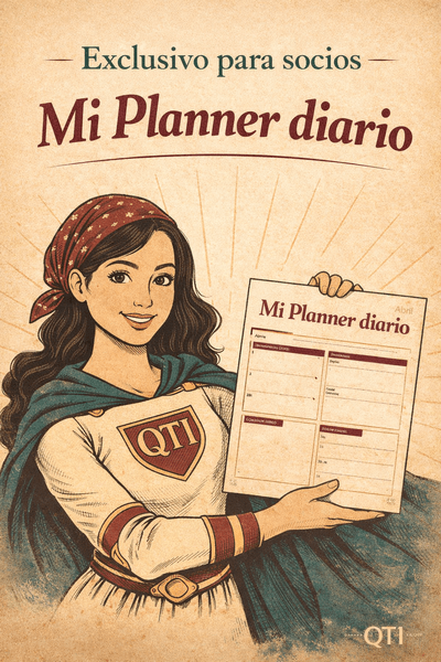 Ilustración estilo cómic vintage de Kiutina, una mujer con cabello largo y pañoleta borgoña, vestida con traje color crema, detalles en borgoña y capa verde, con el emblema QTI en el pecho. Sostiene un planner abierto titulado “Mi Planner diario”. El fondo tiene textura de papel envejecido con rayos tipo sunburst en tonos crema, borgoña y verde. En la parte superior se lee “Exclusivo para socios” y el título “Mi Planner diario”. En la esquina inferior aparece el sello QTI de forma discreta.