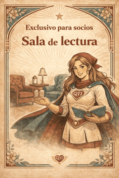 Ilustración estilo cómic vintage de Kiutina, una mujer con cabello largo y pañoleta, vestida con traje color crema con detalles borgoña y capa en tonos verde y azul, con el emblema QTI en el pecho. Está sosteniendo un libro y señalando una acogedora sala de lectura con sillones y lámpara al fondo. El diseño tiene fondo de papel envejecido con rayos tipo sunburst. En la parte superior se lee “Exclusivo para socios” y “Sala de lectura”. En la parte inferior aparece un sello discreto con las siglas QTI.